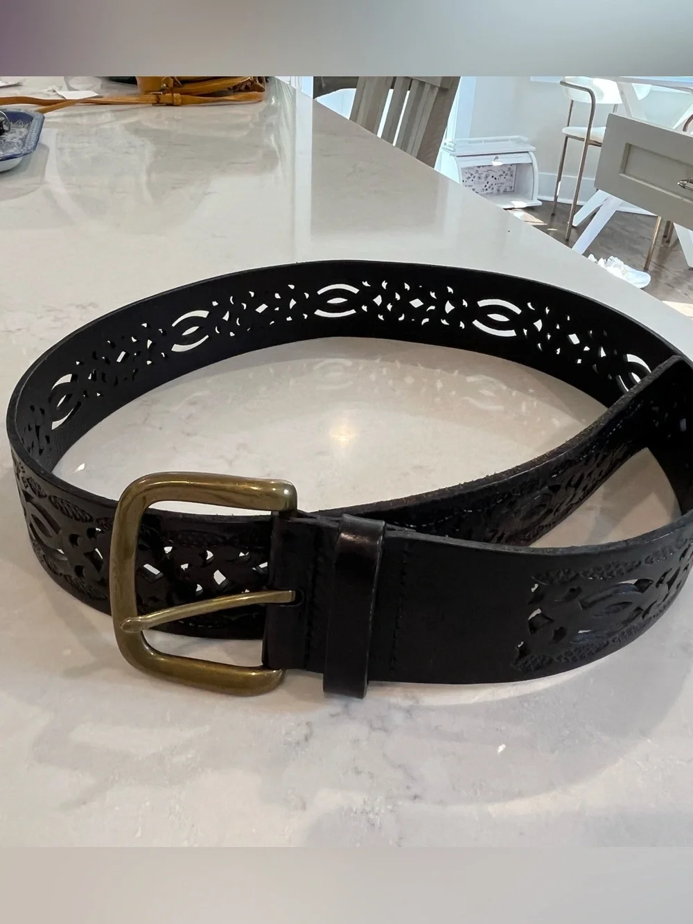 Ralph Lauren Black Leather Laser-Cut Belt with Brass Buckle